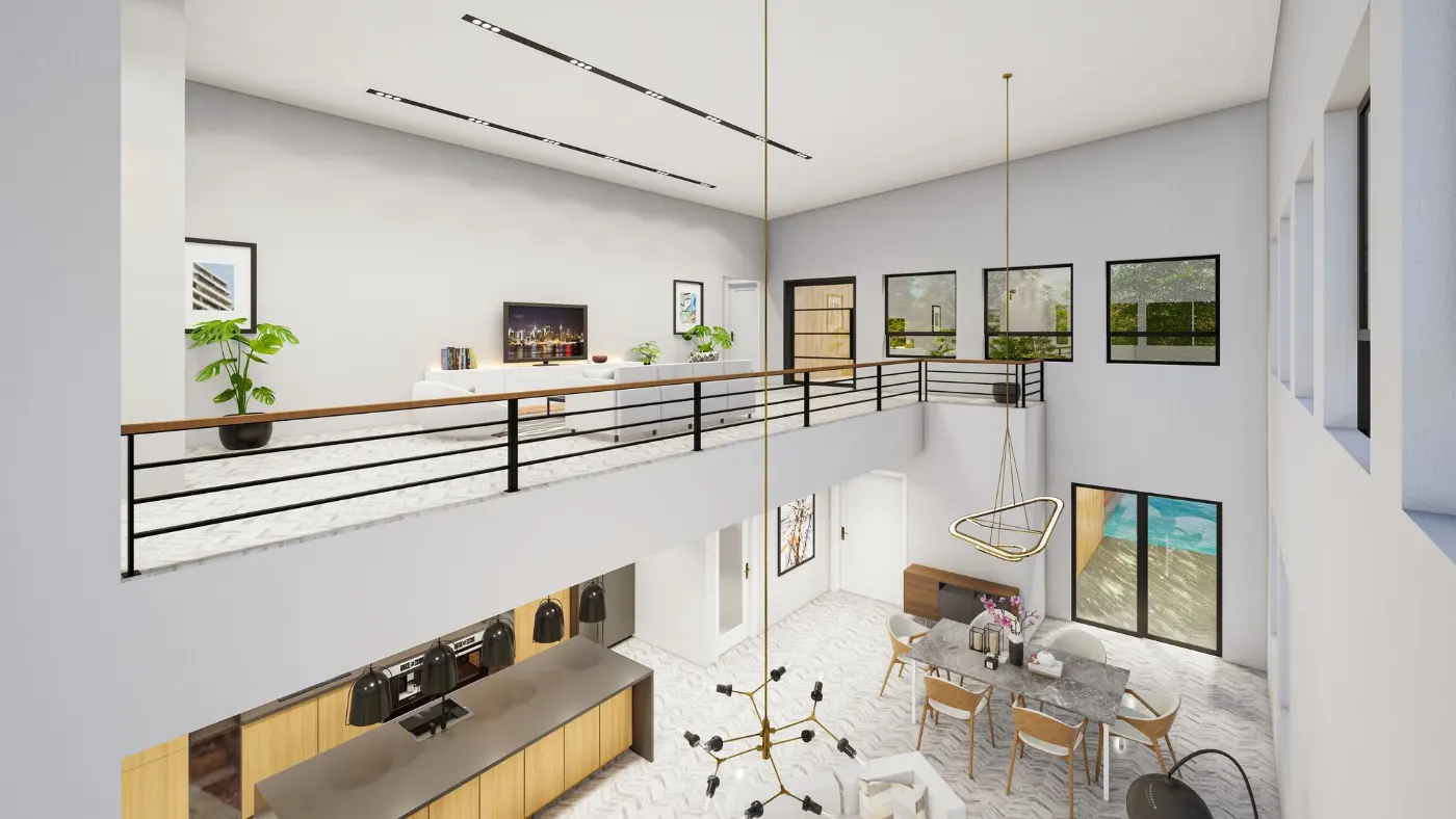 Appartamento open space su due livelli con cucina e zona pranzo
